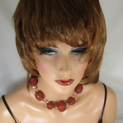 Exotic & Elegant Big Red Bead Dressy Necklace and Earrings - VP's Jewelry