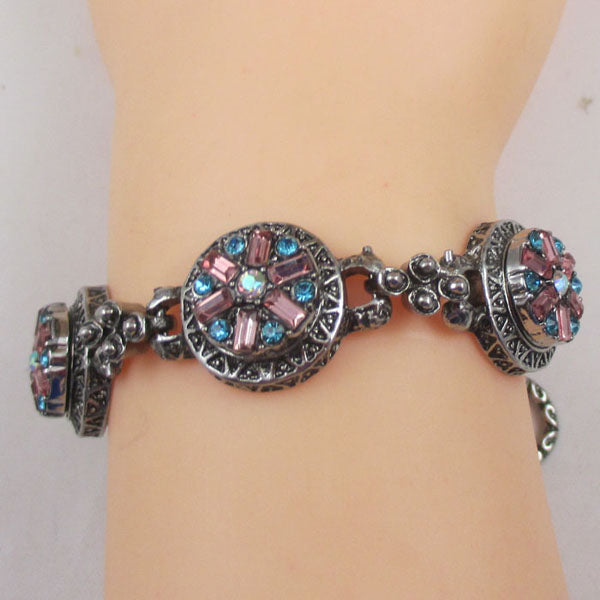 Aqua & Pink Rhinestone Silver Bangle Bracelet - VP's Jewelry