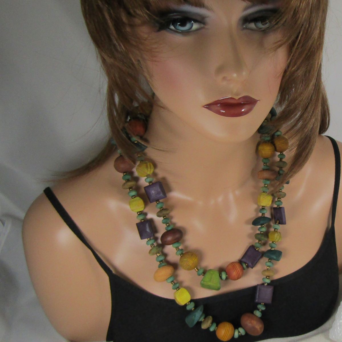 Bold Wood Beaded Necklace Double Strand Multi-colored