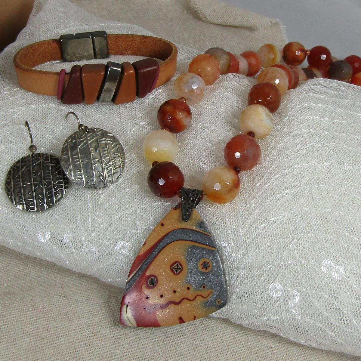 Majestic Stone Handmade Pendant Necklace Earrings & Leather Bracelet - VP's Jewelry 