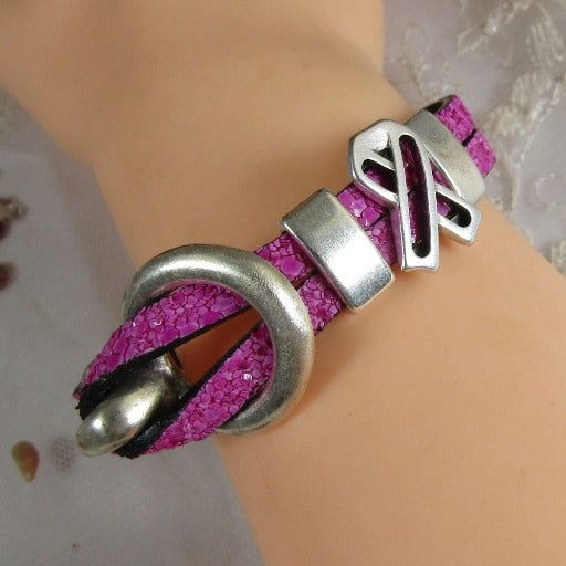 Sparkly Pink Awareness Leather Bracelet - VP's Jewelry