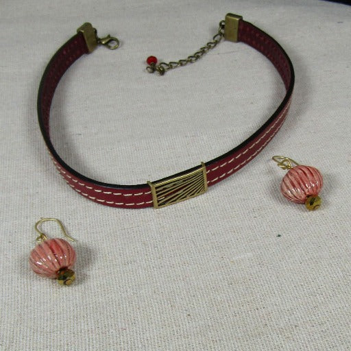 Leather Chocker in Marron with Beaded Earrings - VP's Jewelry