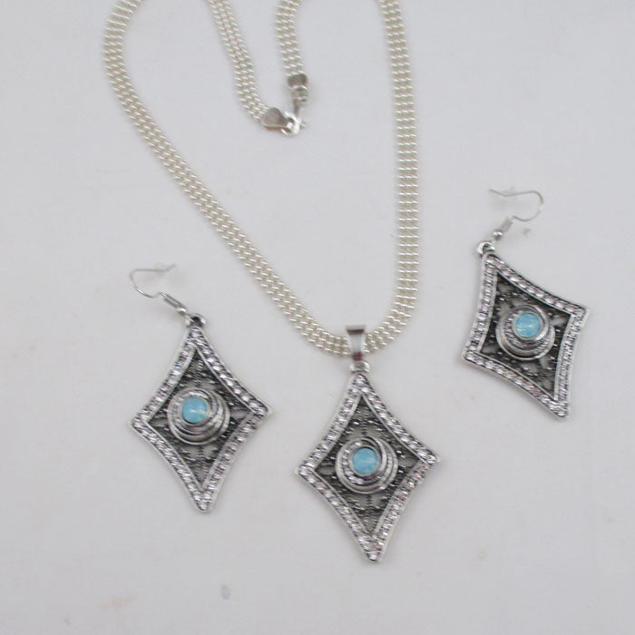 Aqua Crystal Rhinestone & Silver Pendant Necklace & Earrings - VP's Jewelry