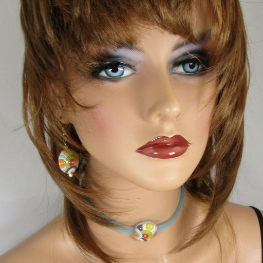 Light Blue Ribbon Choker, Bracelet & Earrings Circle Design - VP's Jewelry