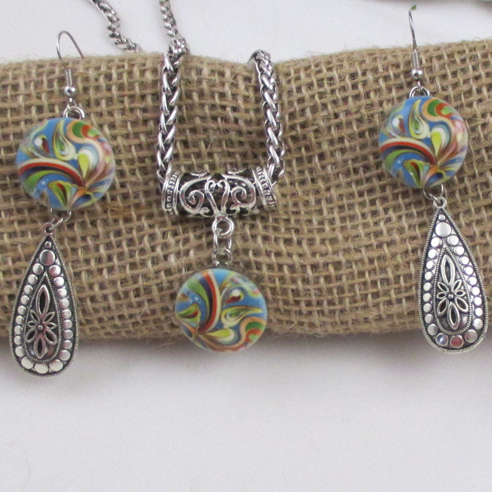 Multi-colored Swirled & Silver Pendant Necklace and Earrings - VP's Jewelry