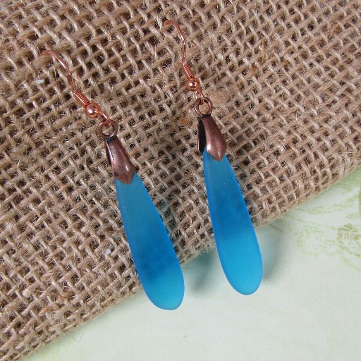 Recycled Sea Glass Earrings Blue or Gold - VP's Jewelry