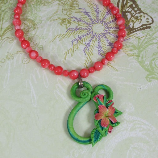 Pink Bead Necklace with Tropical Handmade Pendant - VP's Jewelry