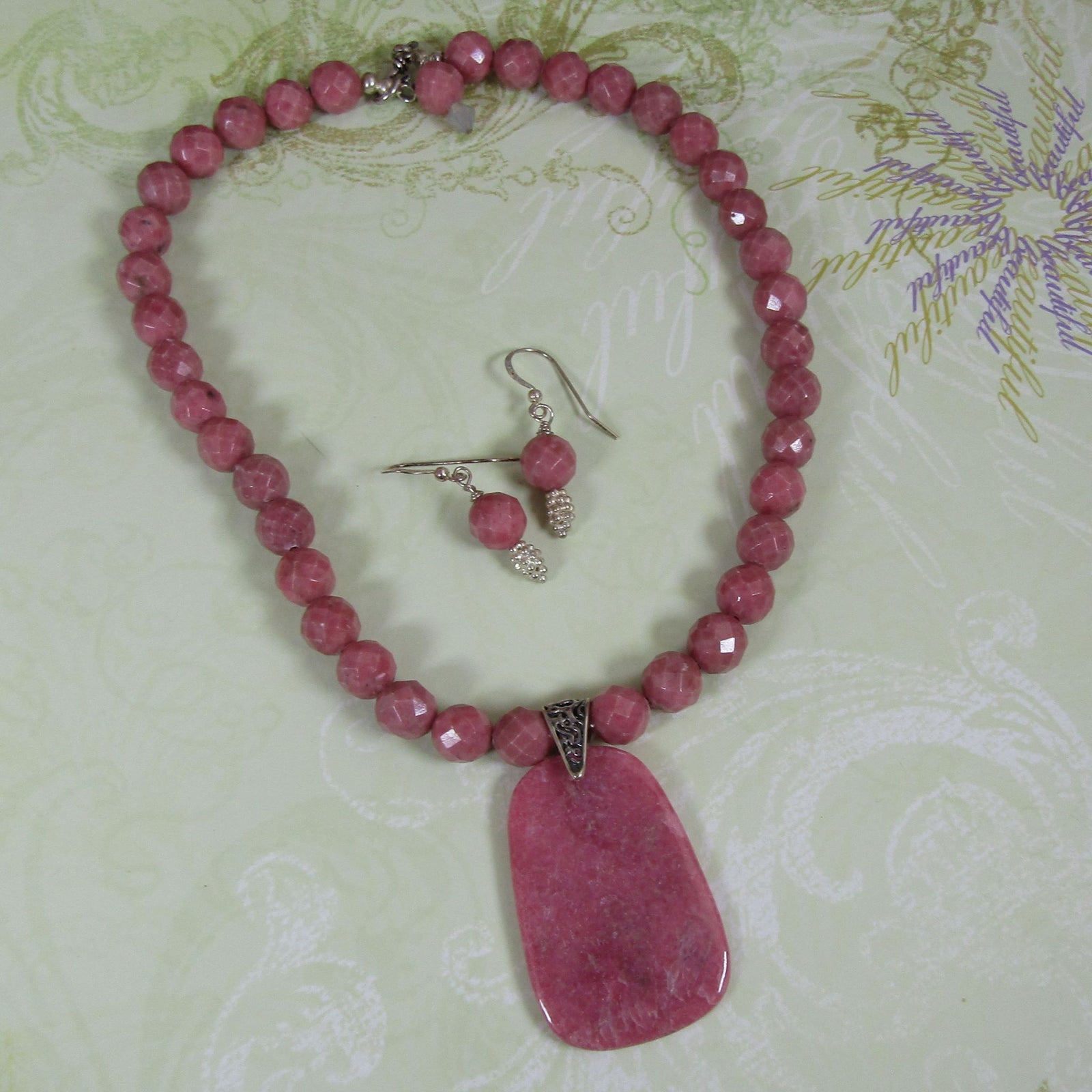 Rhodonite Pink Beaded Necklace and Earrings - VP's Jewelry