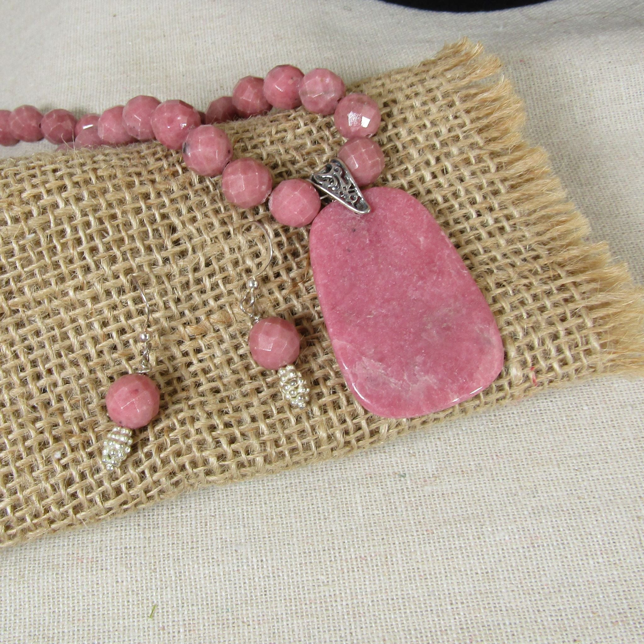 Rhodonite Pink Beaded Necklace and Earrings - VP's Jewelry