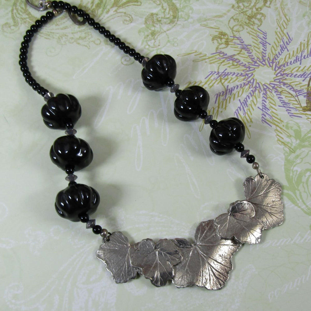 Black Kazuri Bead Necklace Leaf Focus - VP's Jewelry