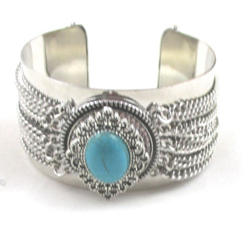 Silver Cuff Wide Bracelet with Turquoise Gemstone Accent - VP's Jewelry