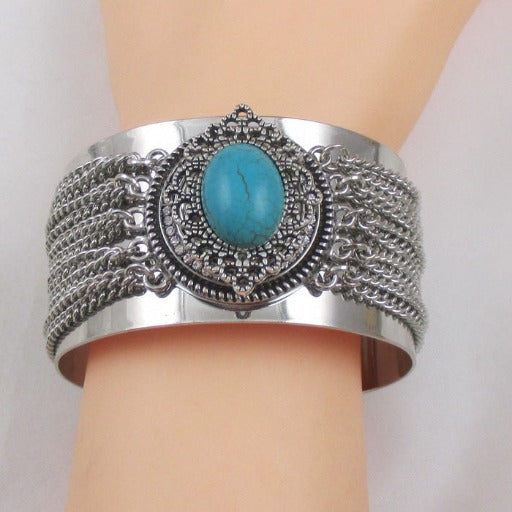 Silver Cuff Wide Bracelet with Turquoise Gemstone Accent - VP's Jewelry