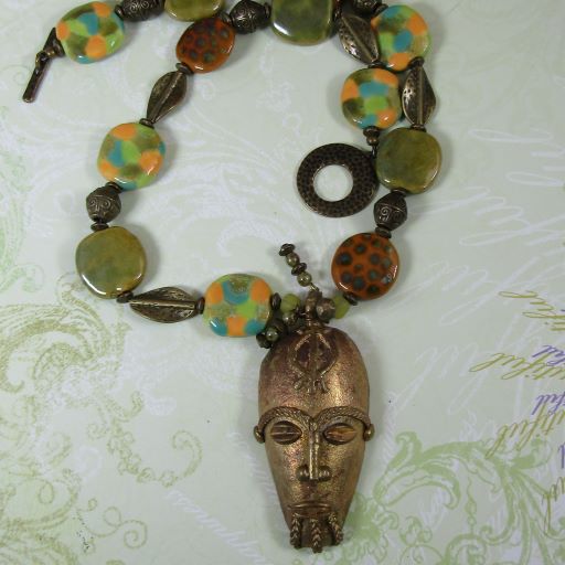 Kazuri Bead and Large Brass Pendant Necklace - VP's Jewelry