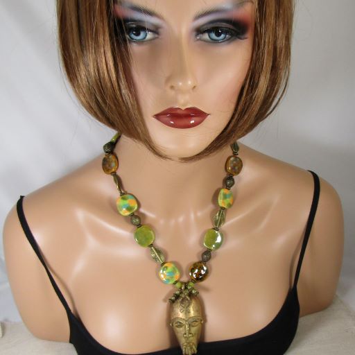 Kazuri Bead and Large Brass Pendant Necklace - VP's Jewelry