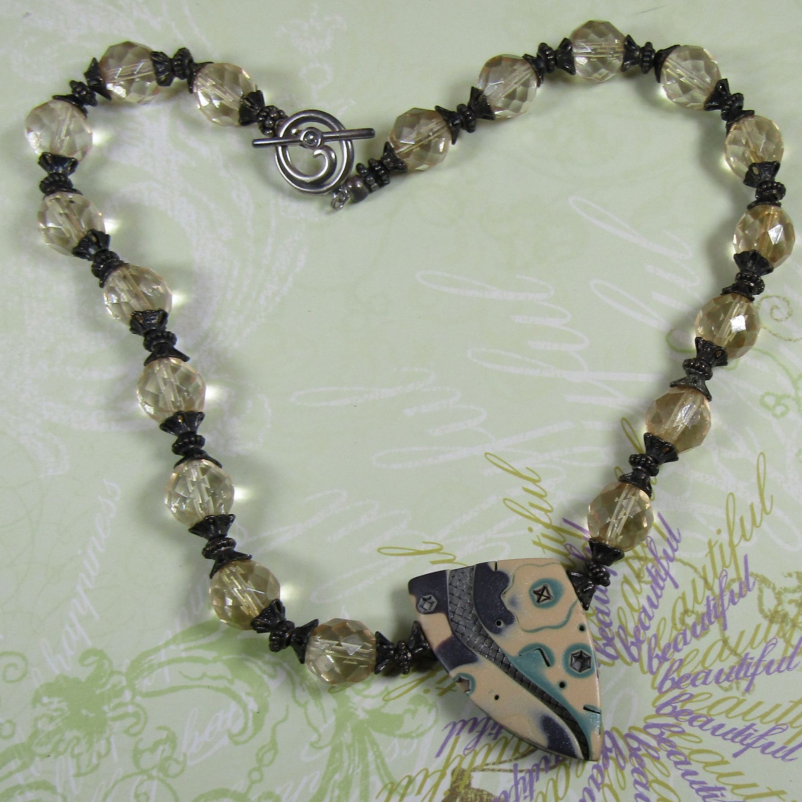 Crystal Bead Necklace with Handmade Polymer Clay Focus - VP's Jewelry