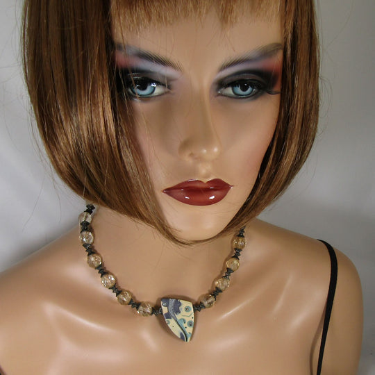 Crystal Bead Necklace with Handmade Polymer Clay Focus - VP's Jewelry