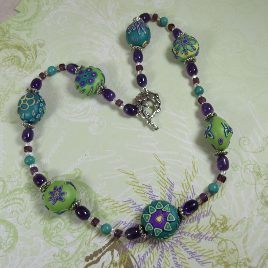 Handmade Bead Necklace with Amethyst and Turquoise - VP's Jewelry