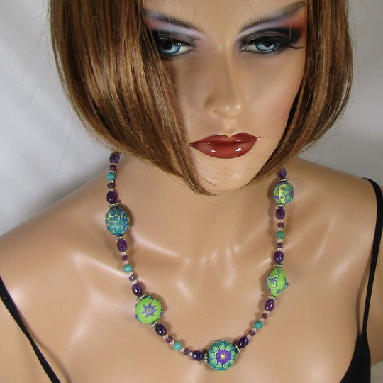 Handmade Bead Necklace with Amethyst and Turquoise - VP's Jewelry