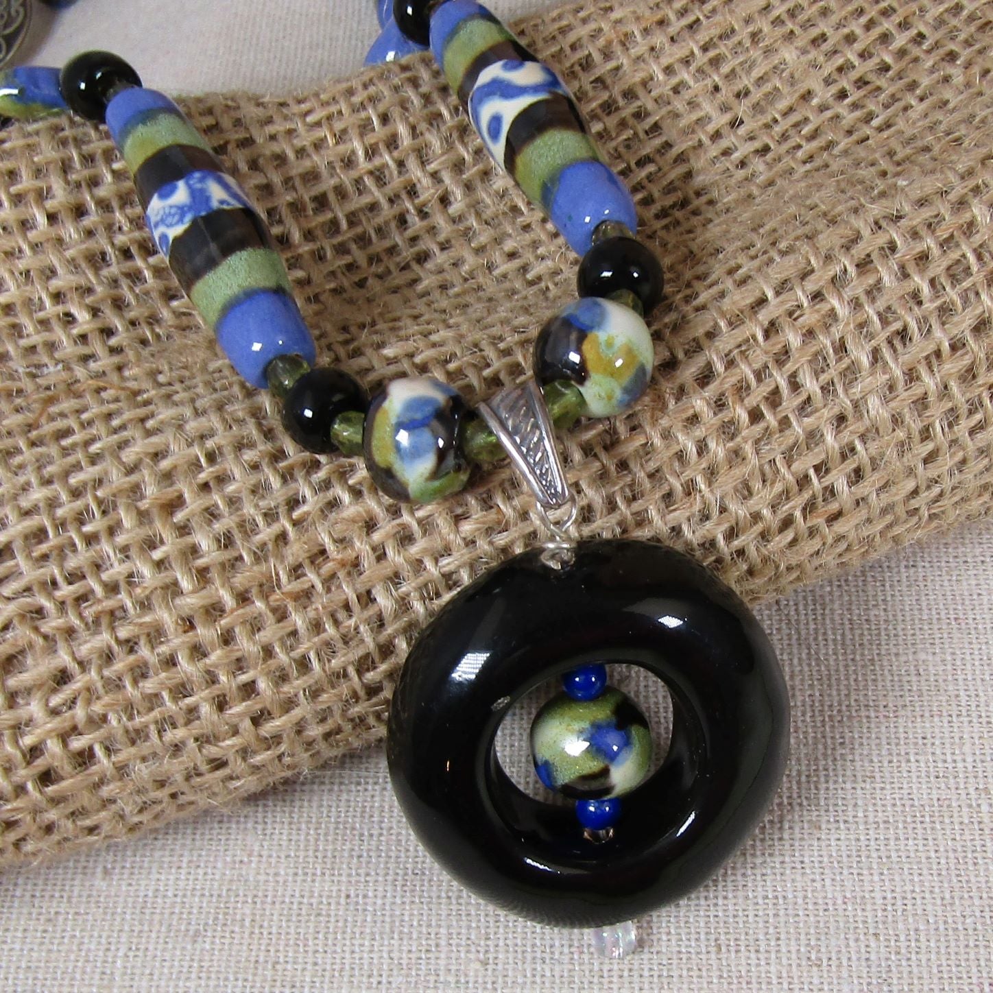 Green Blue and Black Kazuri Handmade Pendant Necklace - VP's Jewelry