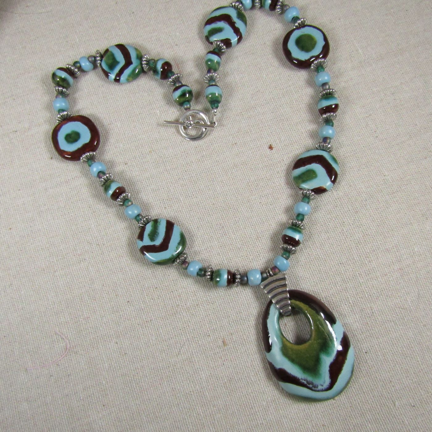 Kazuri Pendant Necklace Aqua & Brown Fair Trade Beads - VP's Jewelry