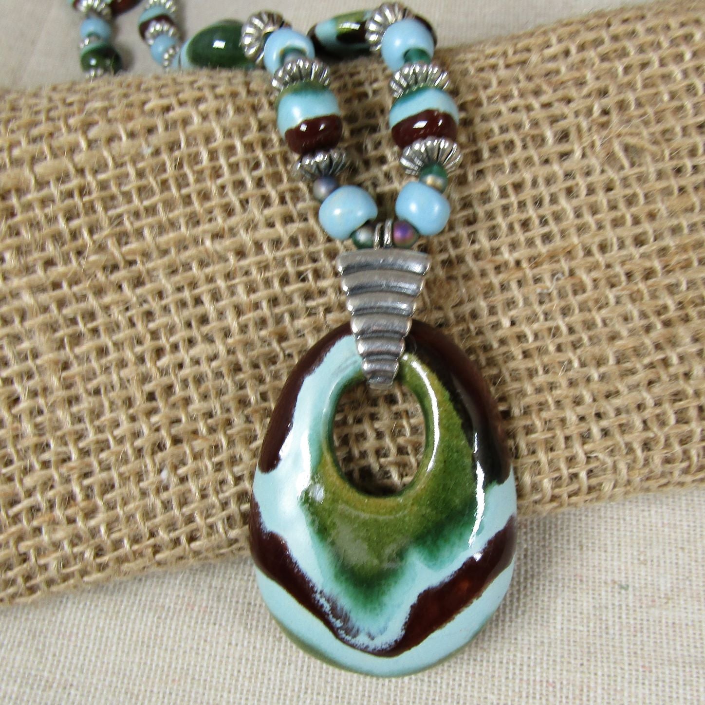 Kazuri Pendant Necklace Aqua & Brown Fair Trade Beads - VP's Jewelry