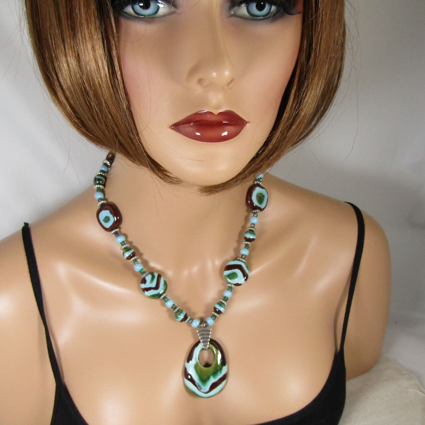 Kazuri Pendant Necklace Aqua & Brown Fair Trade Beads - VP's Jewelry