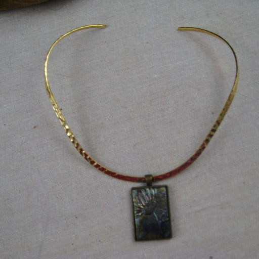 Gold & Blue Artisan Handmade Flower Pendant on Hammered Gold Choker - VP's Jewelry