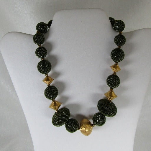 Big Bold Gold and Green Exotic Bead Necklace - VP's Jewelry