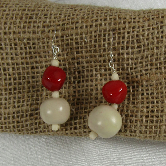 Cream and Red Kazuri Earrings - Fair Trade Beads - VP's Jewelry