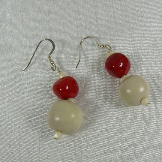 Cream and Red Kazuri Earrings - Fair Trade Beads - VP's Jewelry