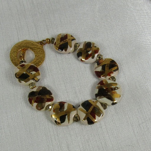 Handmade Kazuri Bracelet in Cream & Brown & Gold Fair Trade Beads - VP's Jewelry