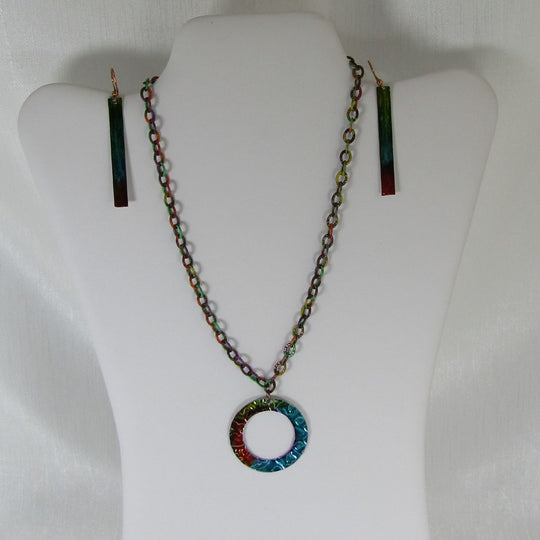 Handmade Rainbow Patina Pendant Necklace & Long Earrings - VP's Jewelry
