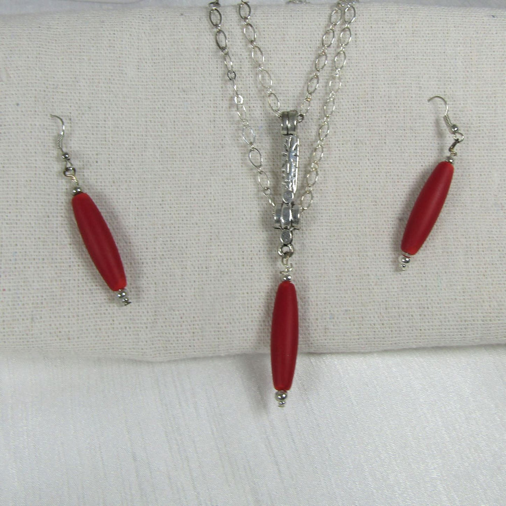 Double Strand Silver Chain Necklace with Sea Glass Pendant & Earrings - VP's Jewelry