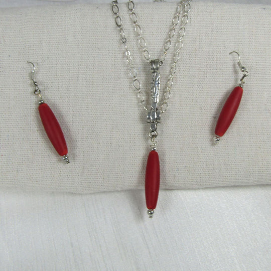 Double Strand Silver Chain Necklace with Sea Glass Pendant & Earrings - VP's Jewelry