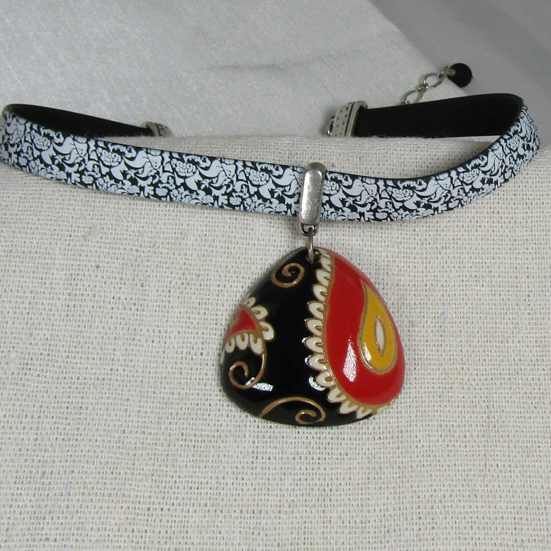 White & Black Ribbon Choker Necklace Black & Red Handmade Pendant  - VP's Jewelry