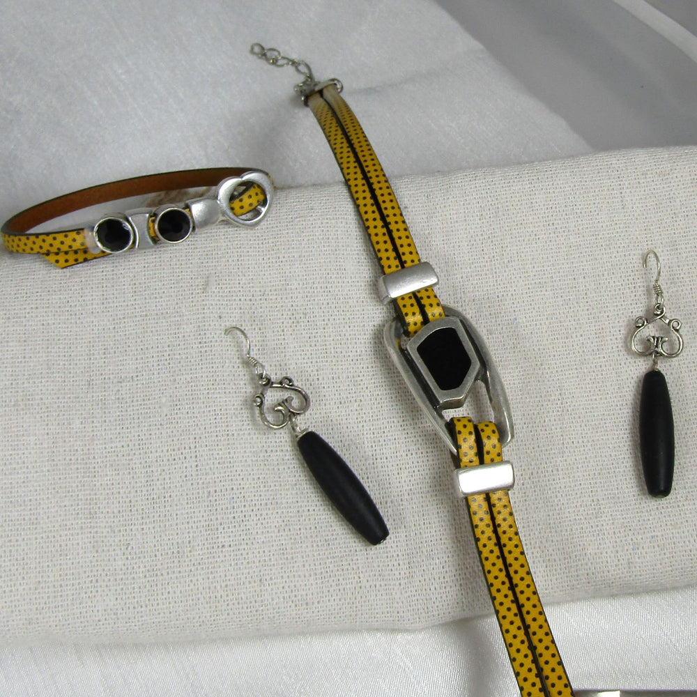 Designer Yellow Leather Choker & Bracelet & Black Sea Glass Earrings - VP's Jewelry 