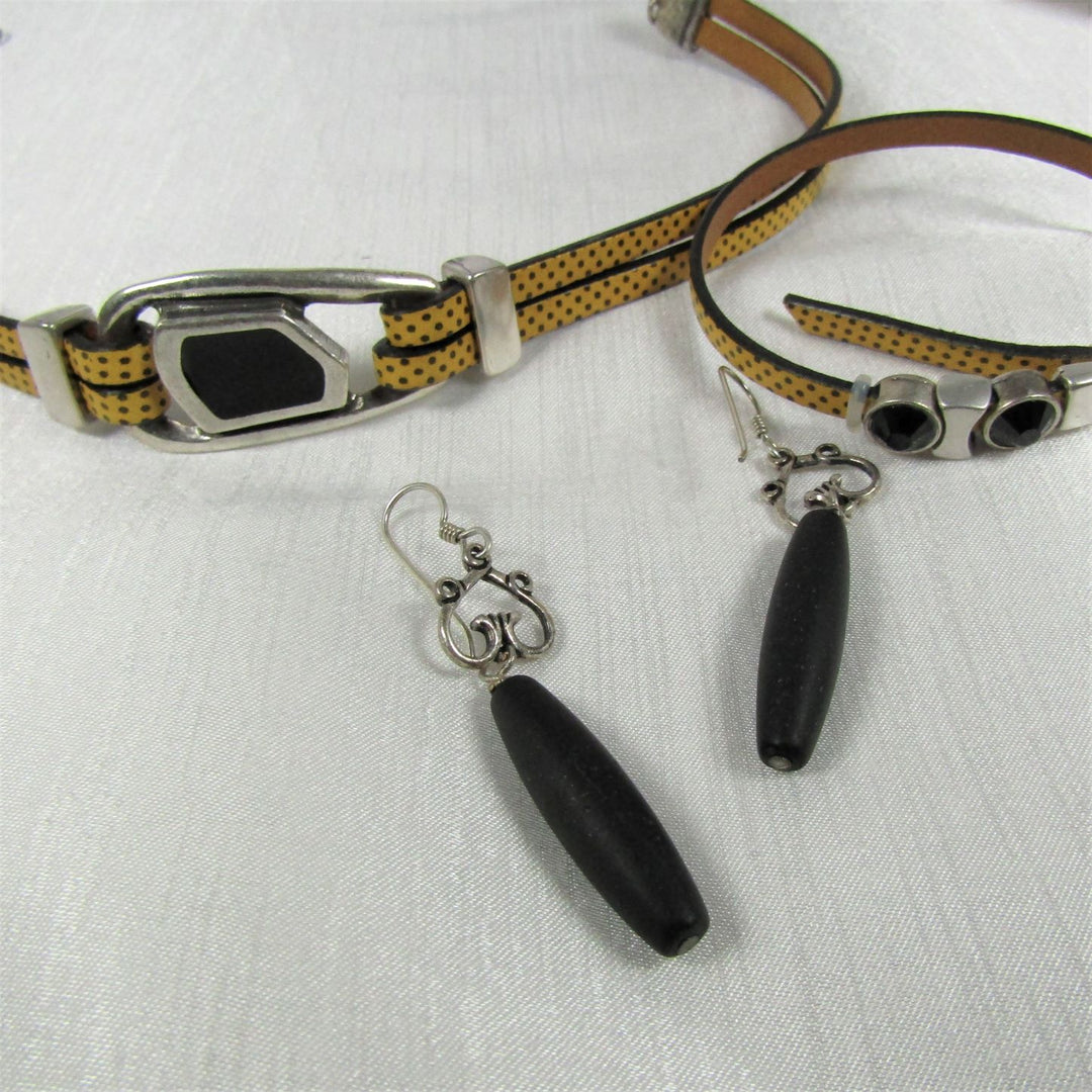 Designer Yellow Leather Choker & Bracelet & Black Sea Glass Earrings - VP's Jewelry 