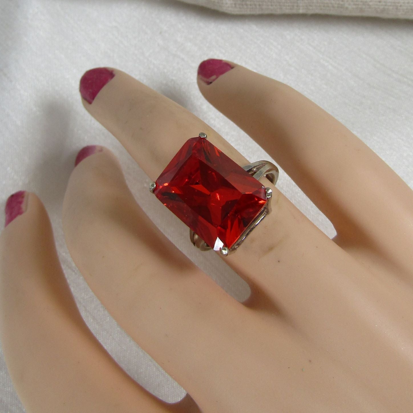 Emerald Cut Red Gemstone Padparascha Ring Size 7