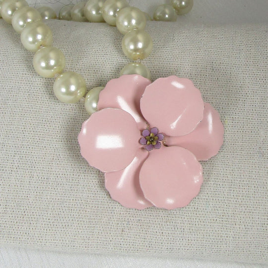 Statement Necklace in Pearl With Pink Poppy Pendant - VP's Jewelry 