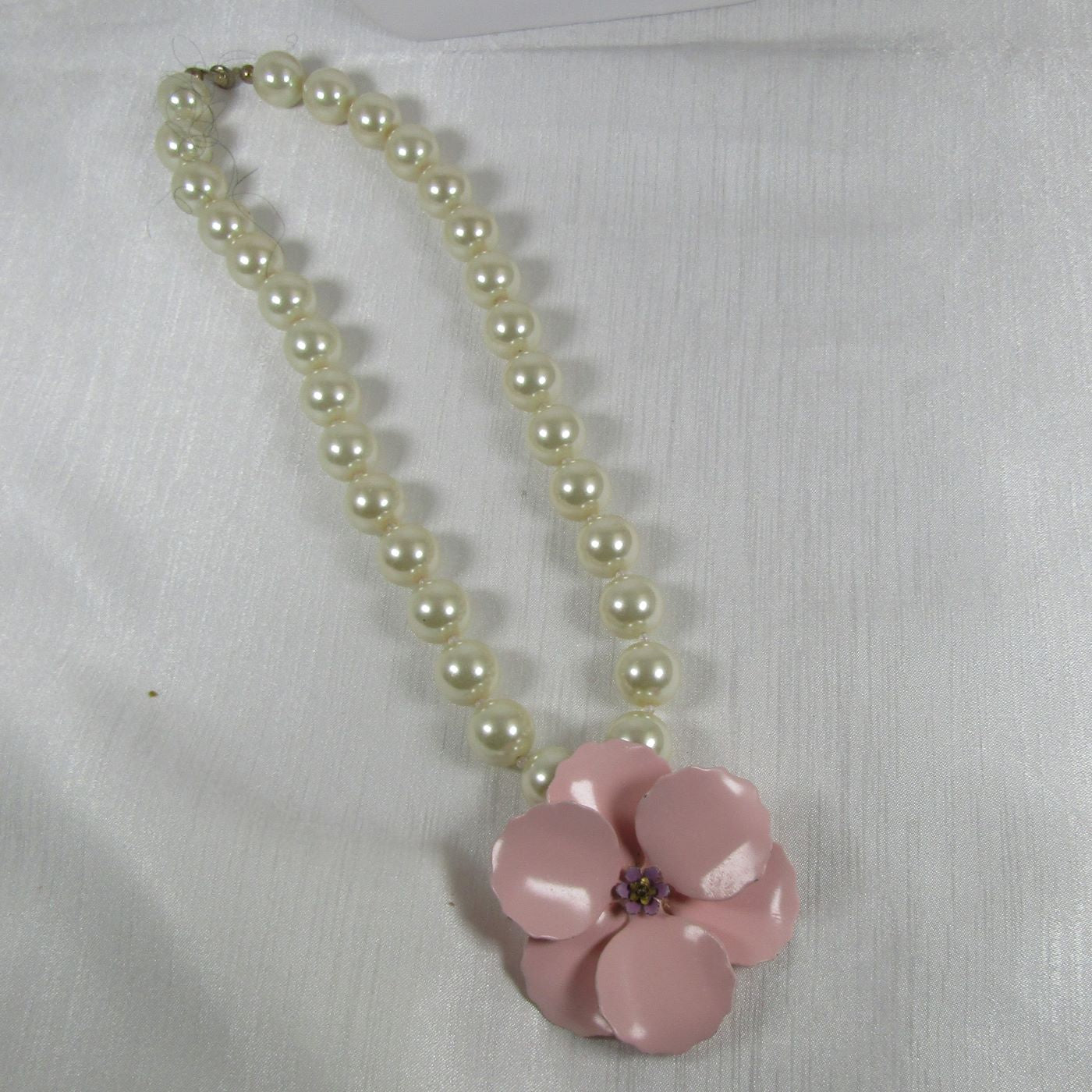 Poppy Green Pink Necklace Beads and Stainless Steel Picture Pendant