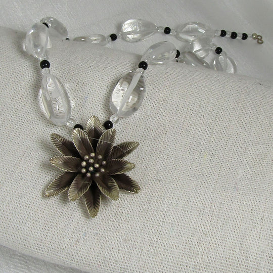 Necklace in Clear Quartz with Silver Flower Pendant - VP's Jewelry
