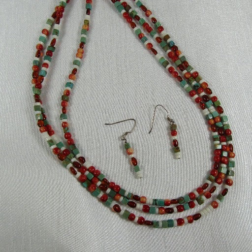 Turquoise, Red & Amber Bead Multi-strand Necklace & Earrings - VP's Jewelry