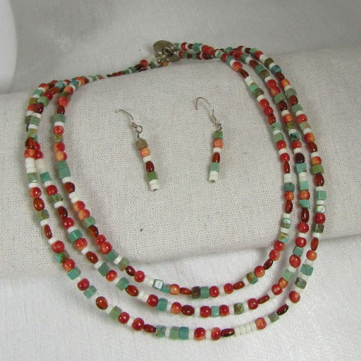 Turquoise, Red & Amber Bead Multi-strand Necklace & Earrings - VP's Jewelry
