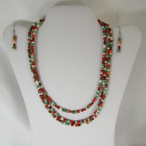 Turquoise, Red & Amber Bead Multi-strand Necklace & Earrings - VP's Jewelry