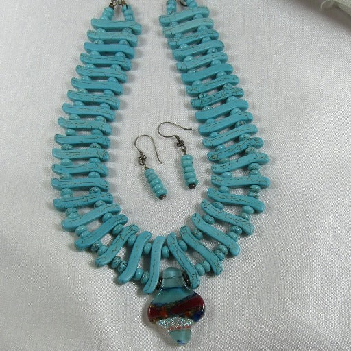 Turquoise Bib Necklace with Dichroic Pendant and Earrings - VP's Jewelry