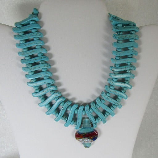 Turquoise Bib Necklace with Dichroic Pendant and Earrings - VP's Jewelry