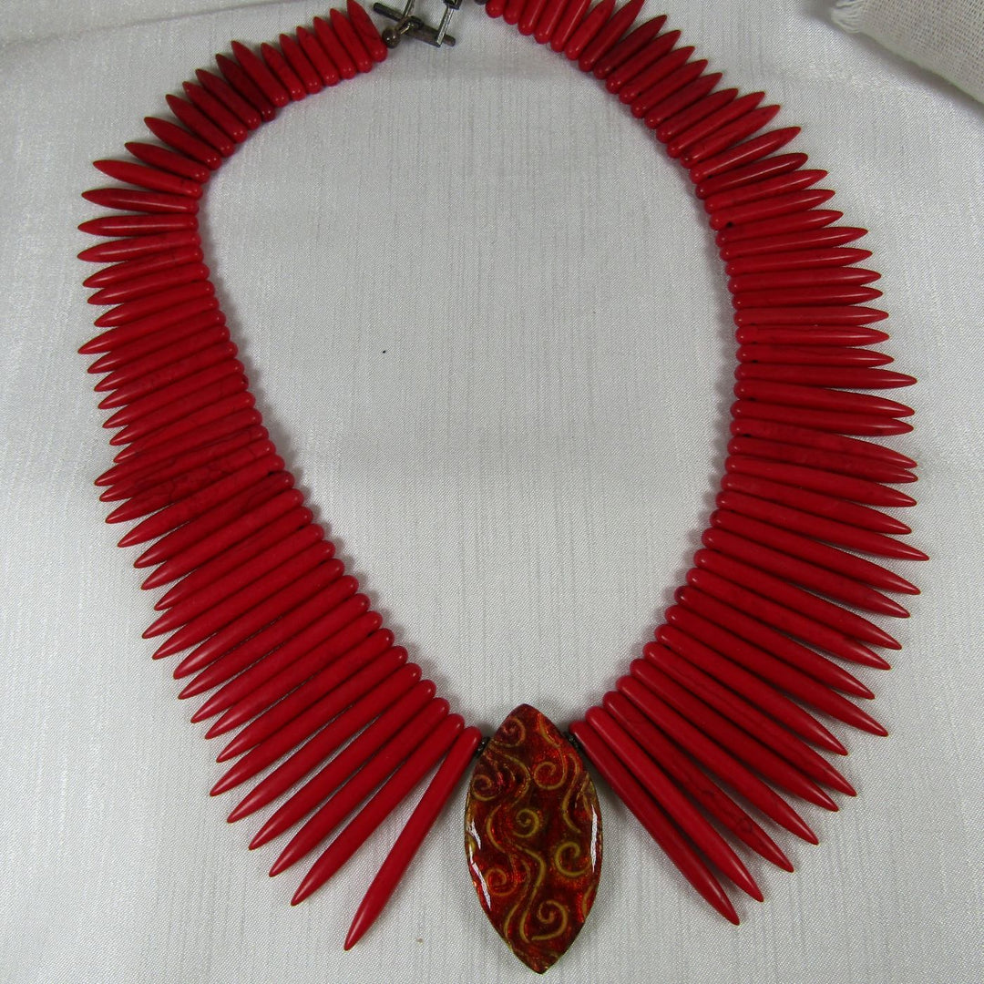 Big Bold Necklace Handmade Red Stick Bead Cleopatra Collar