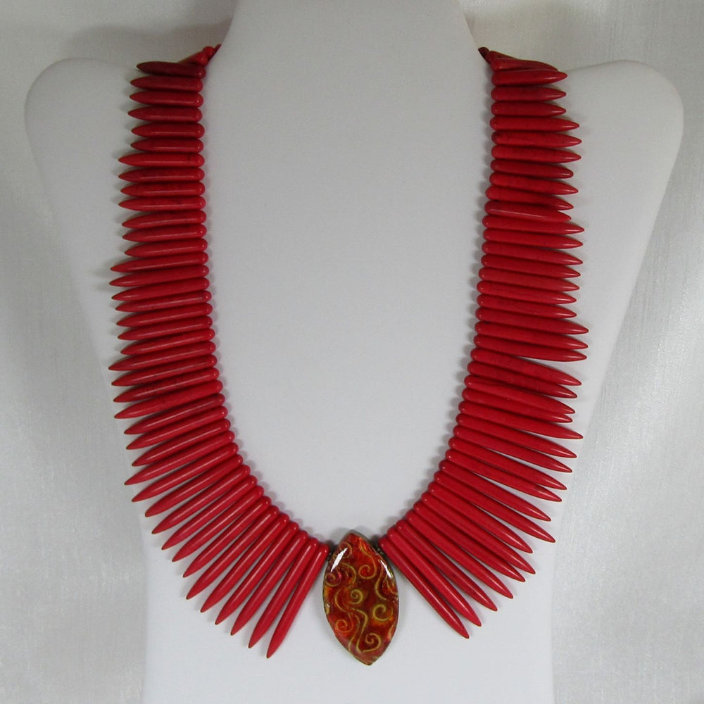 Big Bold Necklace Handmade Red Stick Bead Cleopatra Collar