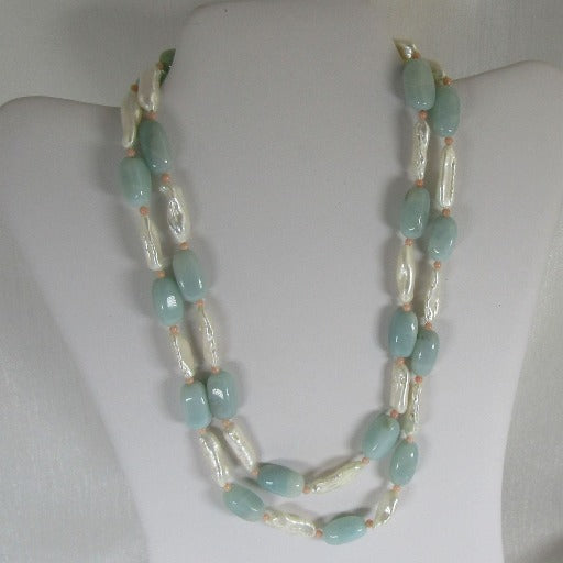 Multi-strand Amazonite and Pearl Beaded Necklace - VP's Jewelry