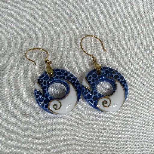 Big Blue White & Gold Ceramic Hoop Earrings - VP's Jewelry